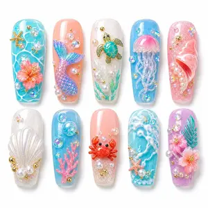 Summer Dolphin and Seahorse Press On Nails | 3D Beach Vacation Nail Art