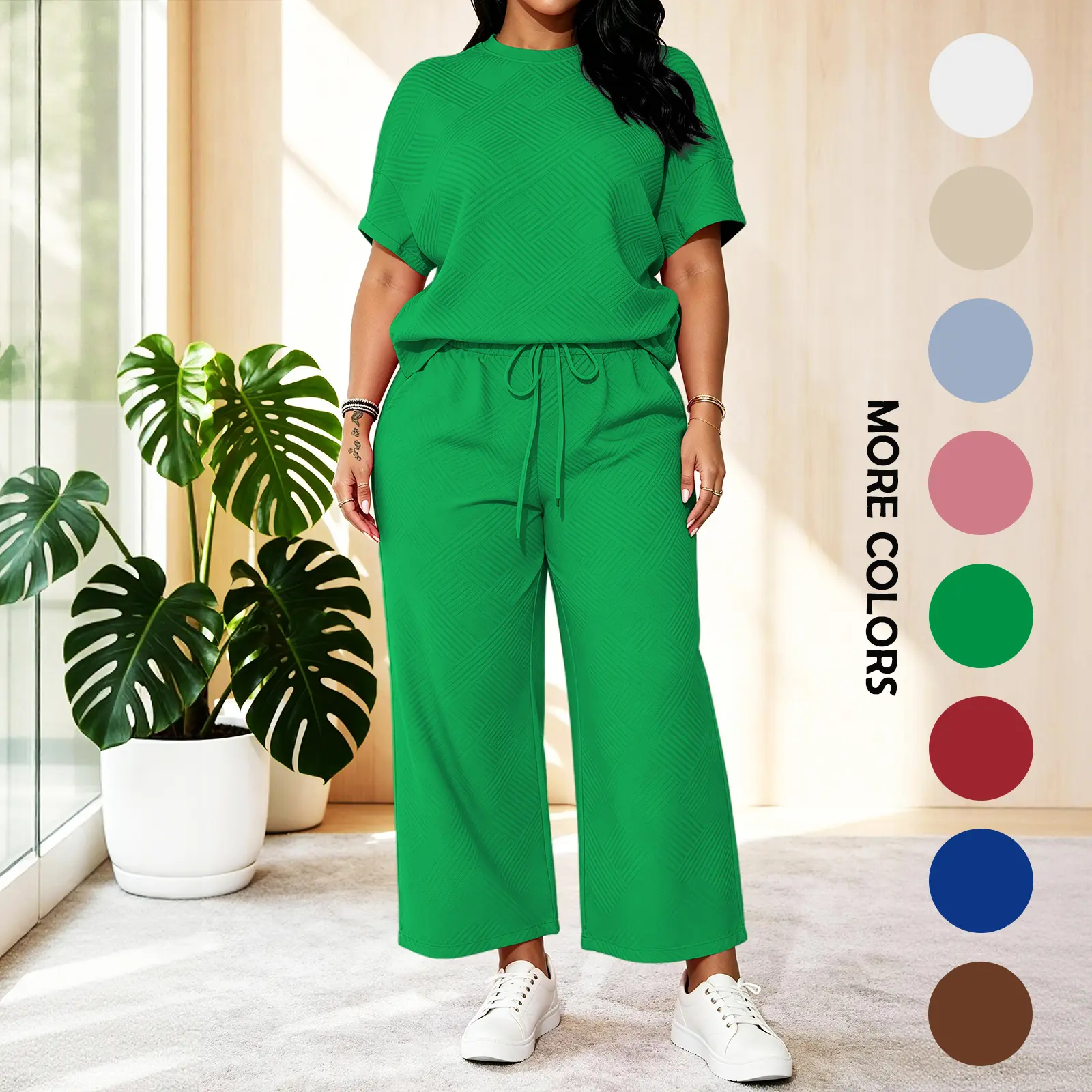 MOEENCN Women's Textured 2 Piece Outfit - Casual Round Neck Top & Pants Set, Breathable Stretch Fabric Co-ord for Daily Wear, Errands, Travel & Weekend Outings, Trendy Matching Sets for Women Womenswear Shortsleeve Fitted Crewneck