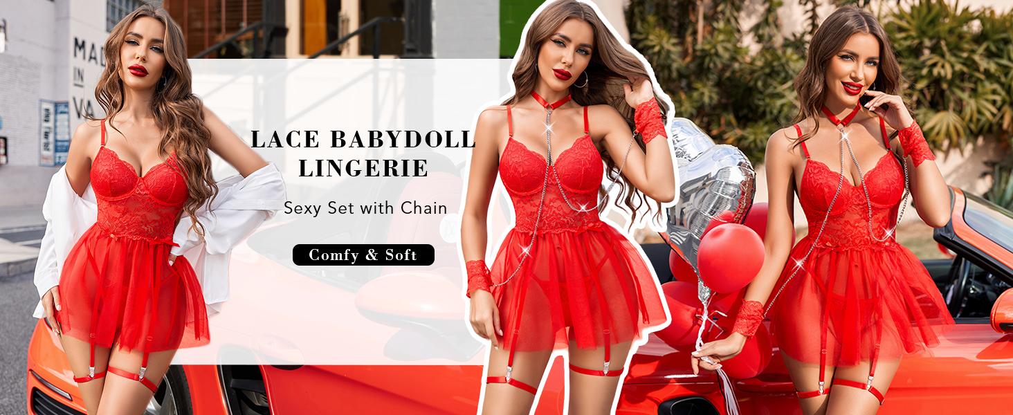 Avidlove Lingerie for Women Lace Underwire Lingerie Set with Garter and Chain Sleepwear SpringStatements Floral Cute Dress Polyester Comfy Mesh