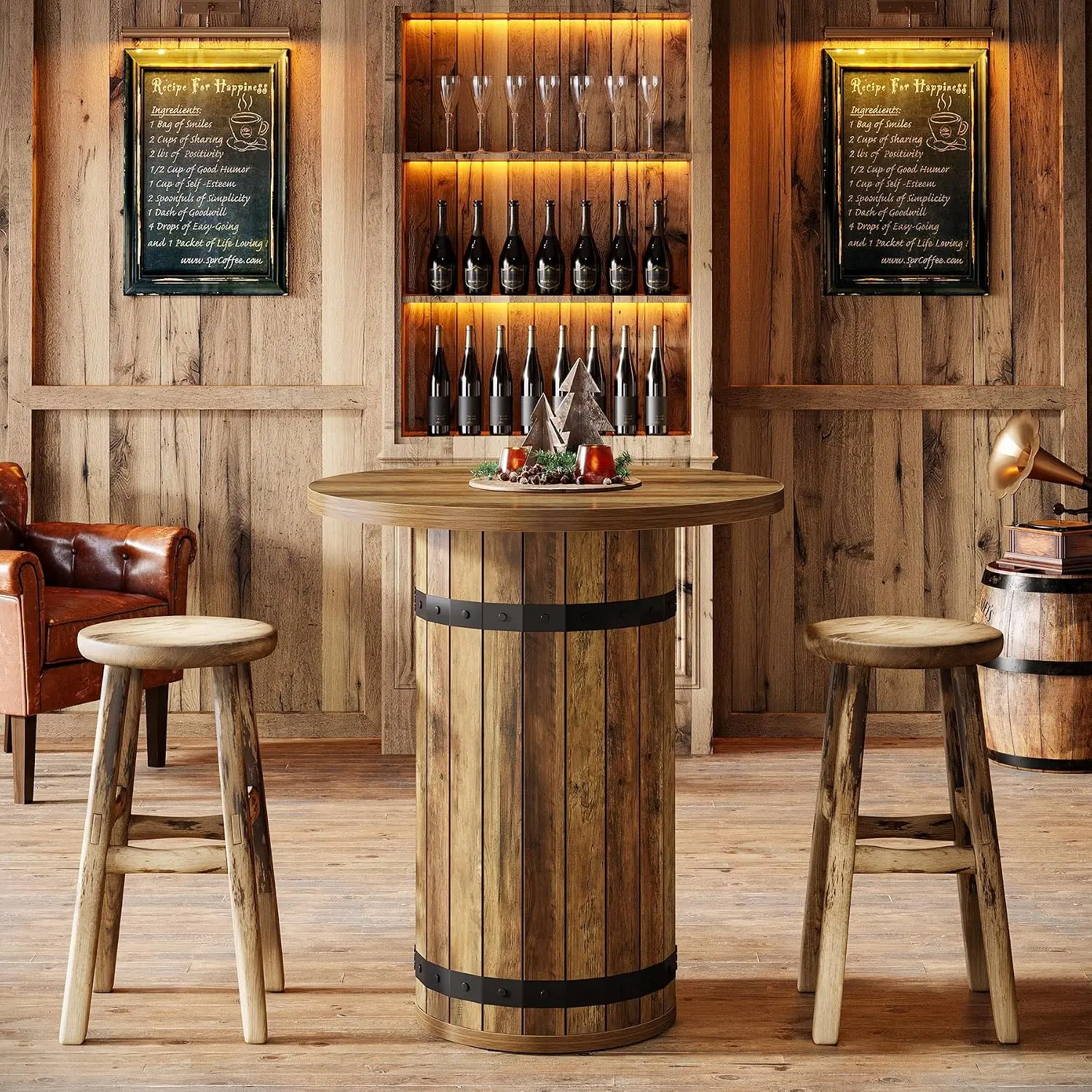 TRIBEWOOD 39.4" Bar Height Round Industrial Farmwood Whiskey Barrel Bistro Cocktail High Top Table, Light Brown for Kitchen Small Space (Table Only)