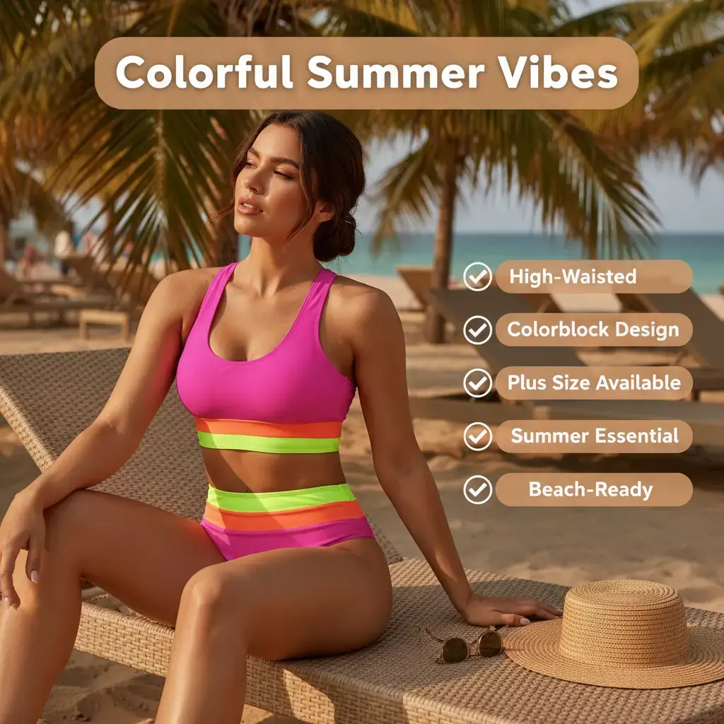 Women’s Neon Pink Color Block 2-Piece Swimsuits Bikinis - Racerback Crop Top, High Waistline High Cut Bottom, Nylon Fabric, Flattering Cut Sporty Bathing Suit Women Set for Beach Summer Vacation Colorblock Bikinis Set Swim Bodysuit Set