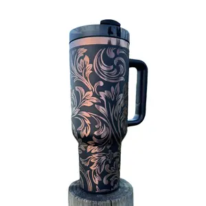 Vine Leather Engraved COPPER 40 oz Tumbler Double Insulated Stainless Steel with Full Wrap Drinkware Stylish Lid & Straw Personalized Portable Water Bottle Neon Red Flasks Mug