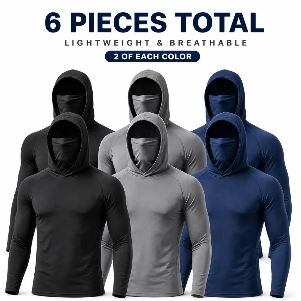 6-Pack Men's Hooded Active Training Tops with Breathable Face Shield Design, Long Sleeve Fast Dry Sports Shirts Featuring Flexible Stretch Fabric for Gym Sessions, Outdoor Exploration, Jogging, Hiking, Climbing, Fishing and Travel