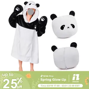 【Spring Drop】Portable Foldable Blanket Pillow , skullpanda,Cuffs with Animal Embroidery, Wearable Blanket Hoodie,Christmas gifts for daughter