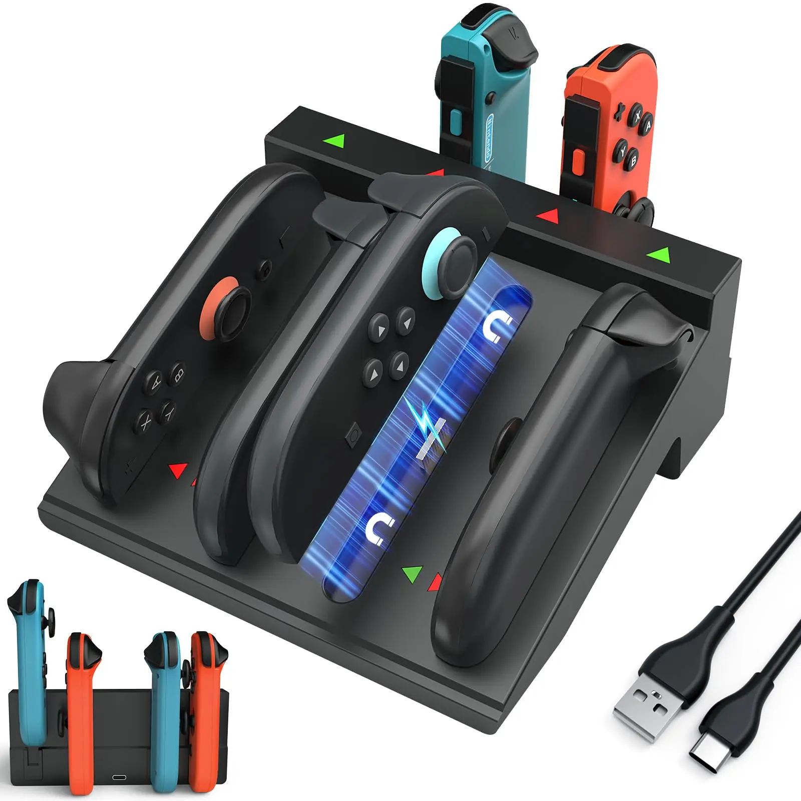ELECOMO 8-in-1 Fast Charging Dock Accessories - Switch Controller Charger with Ultra-Strong Magnetism, LED Indicators & Overcharge Protection for Nintendo Switch 2, 1 & OLED Console Smartphone