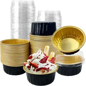 CHIPRISE 50 Mini Aluminum Foil Cupcake Cups, 5 oz Lidded Baking Cups, Disposable Mini Cake Molds, Single-Use Baking Bowls, Cupcakes, Pudding, Muffins, Suitable for Banquets, Gatherings, Clubs, Weddings, Parties (Black & Gold)