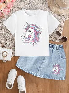 Girls' Dreamy Unicorn T-Shirt + Denim Skirt Set, 2pcs Light Blue Washed Jean Fabric, Cute Back Printed, Casual Fit, Ages 1-8