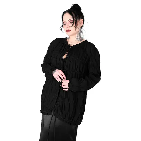 Foxblood Shop Women's Silvia Tie-Front Long Sleeve Blouse - Spandex-Viscose-Polyester Fabric, Relaxed Fit, Casual Plain Tops, Fashionable Blouse, Longsleeves, Top, 4 Ties Let You Shape the Front, Adjustable Women's Shirt