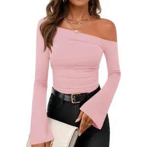 Off Shoulder Ruched Long Sleeve Going Out Top ZESICA