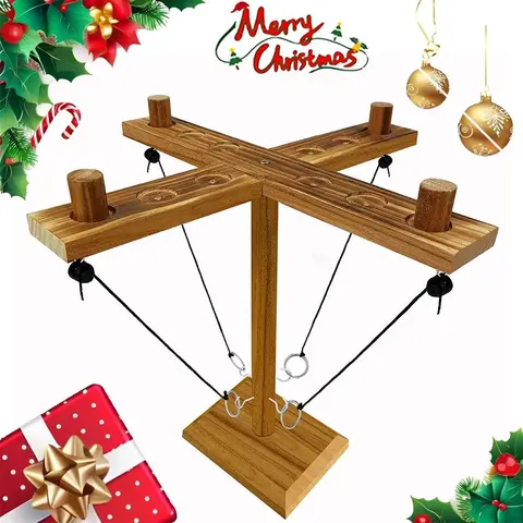 Wooden Ring Toss Game, Ring Game with Shooting Ladder & Adjustable Rope for 4 Players, Family Fun Game, Indoor Recreation Adult Toys for Home Party, Birthday Gift, Christmas Gift