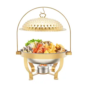 CNCEST 8L/8.5QT Gold Diamond Hanging Lid Stove for Buffet Restaurants & Family Gatherings Stainless Steel Modern Design with Alcohol Burner & Ice Water Basin