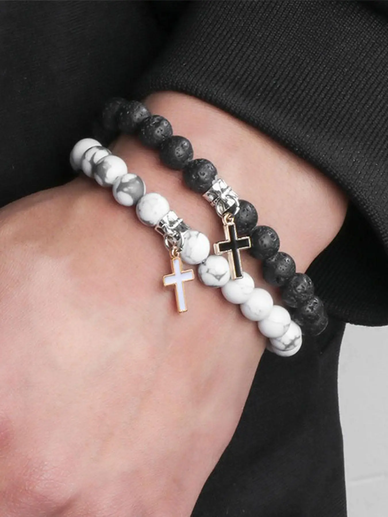 Fashion Cross & Bead Random Design Beaded Bracelet, Casual Simple Matching Bracelet for Men, Trendy All-match Jewelry for Party, Daily Clothing Decor