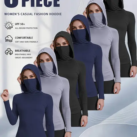 Women's 6-Pack UPF 50+ UV Protection Hooded Rash Guard Tops, Dry Fit Long Sleeve Compression Clothes for Women, Lightweight Breathable Stretch Rashguards for Cycling, Hiking, All-Seasons Active Use