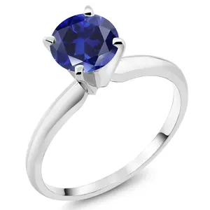 Gem Stone King 14K White Gold Blue Created Sapphire Solitaire Engagement 4-Prong Ring For Women | 1.00 Cttw | Round 6MM | Gemstone September Birthstone