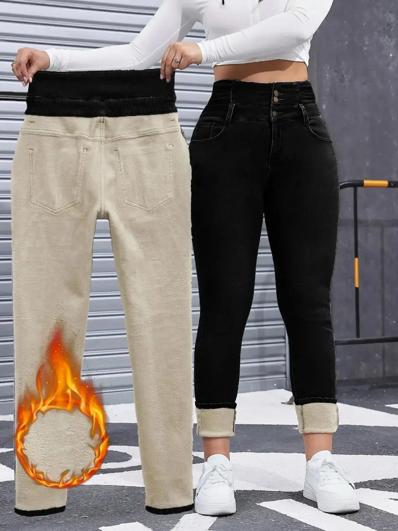 Women's Comfortable Minimalist Fleece-Lined Jeans, High-Stretch Thick-Woven Slimming Fitted Denim Pants for Winter classic essential put together sleek breathable flattering oversized athleisure