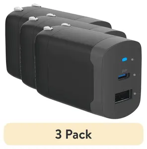 (3 pack) onn 32W Dual USB-C/USB-A Port Wall Charger, Fast Charging, USB IF Certified, Foldable Plug, Black