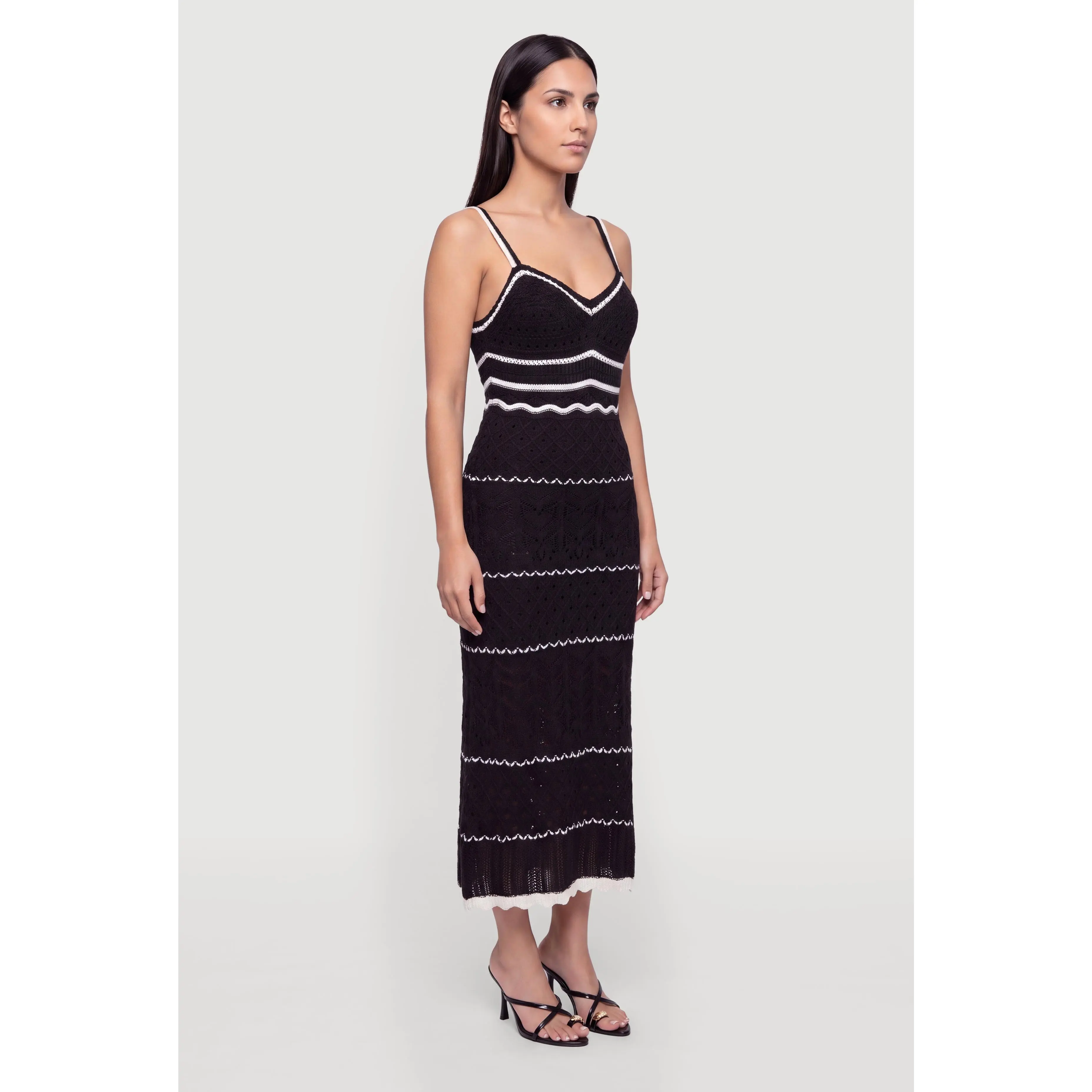 Crochet Knit Contrast Trim Sleeveless Maxi Dress