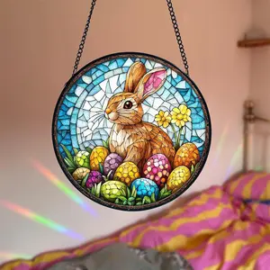 Bunny Stained Glass Suncatcher, Easter Rabbit Window Hanging Ornament, Colorful Spring Window Decor, Cute Bunny Glass Art Gift