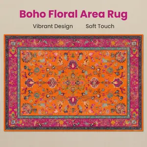 Bohemian Style Floral Decorative Rug, Symmetrical Pattern, Soft Velvet, Ideal for Living Room and Bedroom, Comfortable and Stylish