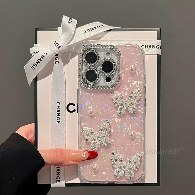 Compatible with iPhone 17 Pro Max/ 16/15/14/13 Shell pattern hand pearl bow phone case-HN312-2