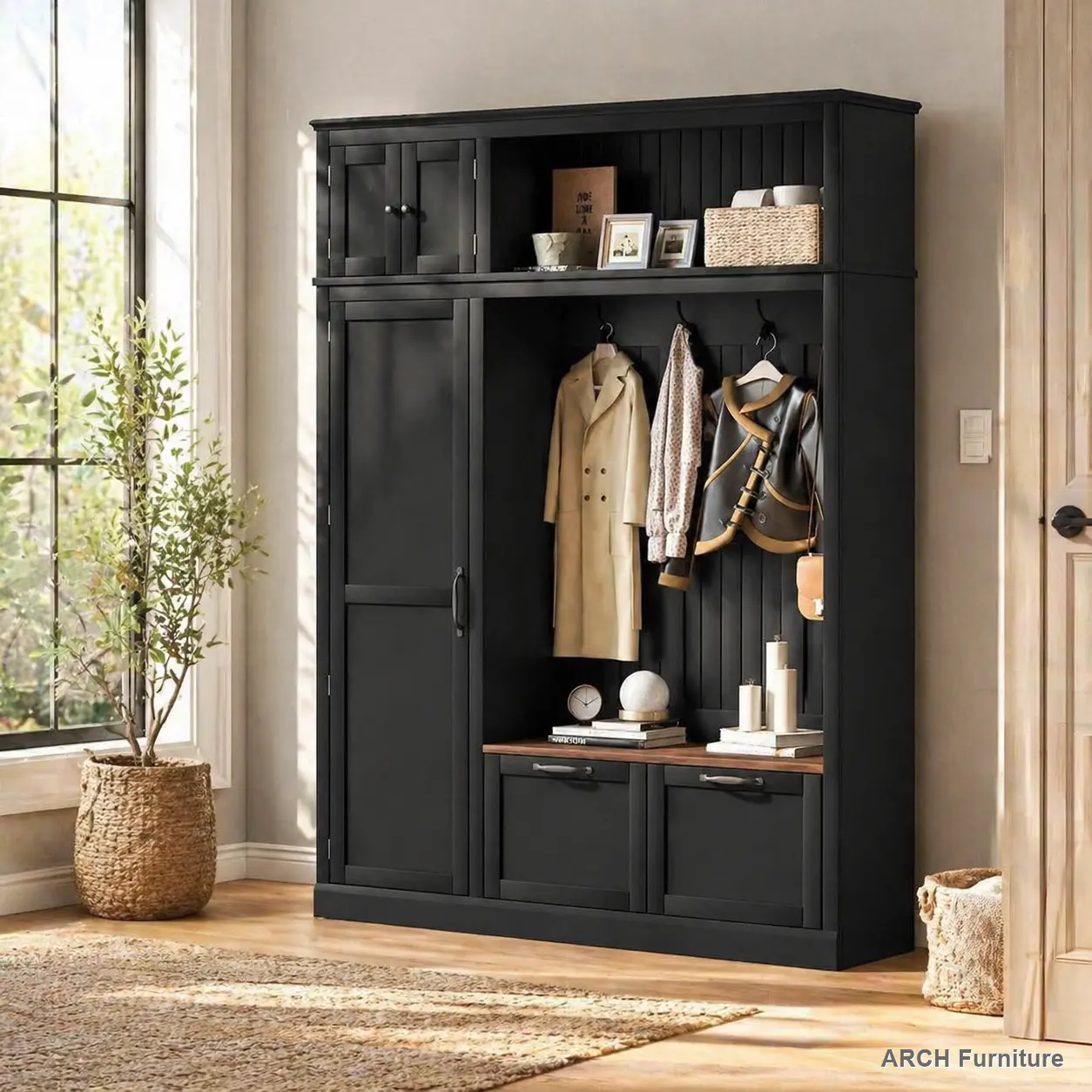 3-in-1 Sturdy MDF Wood Arch Hall Tree (59.05 x 15.70 x 78.70 inches) - Rectangle Top, Overhead Storage Cabinet, 3 Adjustable Shelves, 4 Heavy-Duty Hooks, 2 Spacious Drawers, Grooved Back Panel, Contrasting Seat Bench, Small Space Indoor Entryway Organizer