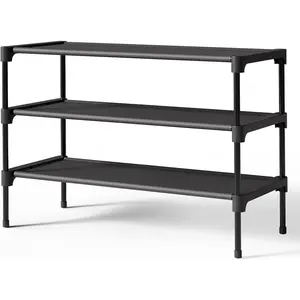 Kitsure 3-Tier Non-Woven Shoe Rack, 27.5" Wide Stackable Shelf Organizer for Closet, Entryway, Black Indoor Furniture Shoe Storage