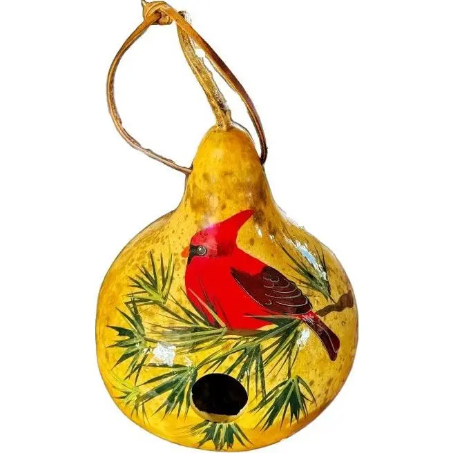 CARDINAL BIRDHOUSE - Amish Hand Painted Winter Pine Gourd Bird House USA