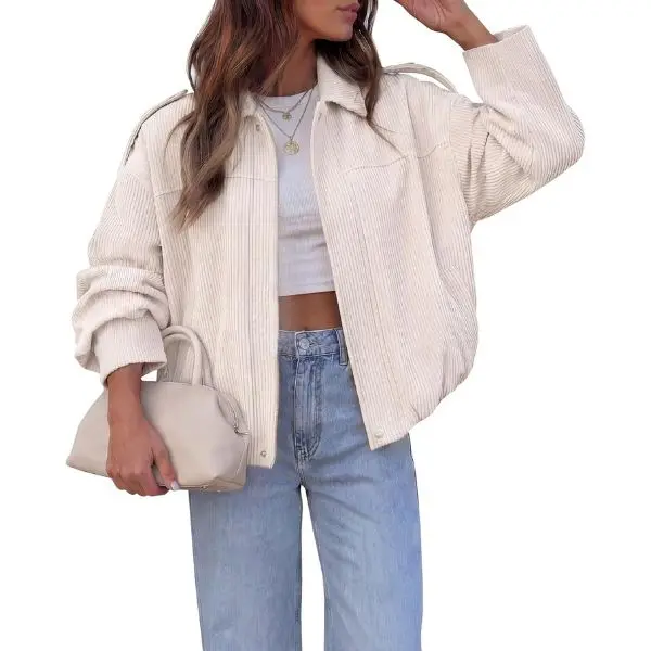 Fisoew Women's Oversized Soft Corduroy Bomber Jacket Cropped Button Down Basic Fabric Piece, Casual Outerwear for Everyday & Streetwear, Tops, Style, Leggings, Simple, Fashion Apparel Collared Collared