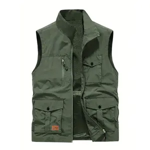 Men's Solid Color Sleeveless Jacket with Pockets, Casual Zipper Stand-up Collar Vest, Suitable for Spring and Autumn Outdoor Activities Menswear Tops