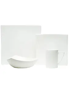 212 MAIN 4-Piece Square Ceramic Tableware Set - Stylish Contemporary, Chip-Proof Bone China, White Dinnerware with Plates, Bowl, Mug