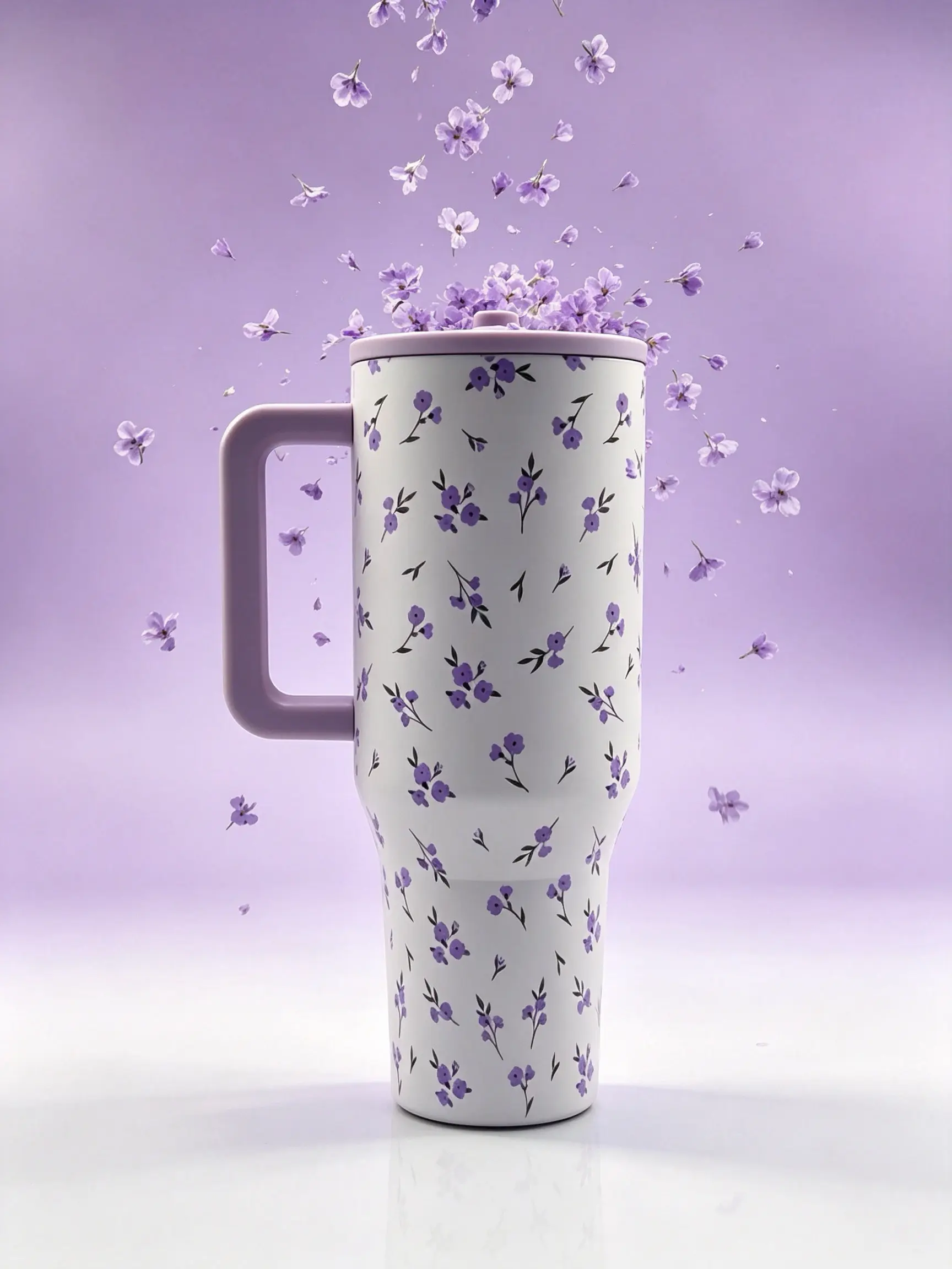 HydroJug 40oz Purple Floral Lavender Pattern Stainless Steel Tumbler with Handle, Double Wall Vacuum Insulated Travel Mug, Leak-Proof Spill-Proof Lid, Cup Holder Friendly Water Bottle for Women Girls Gym Office and Spring Hydration