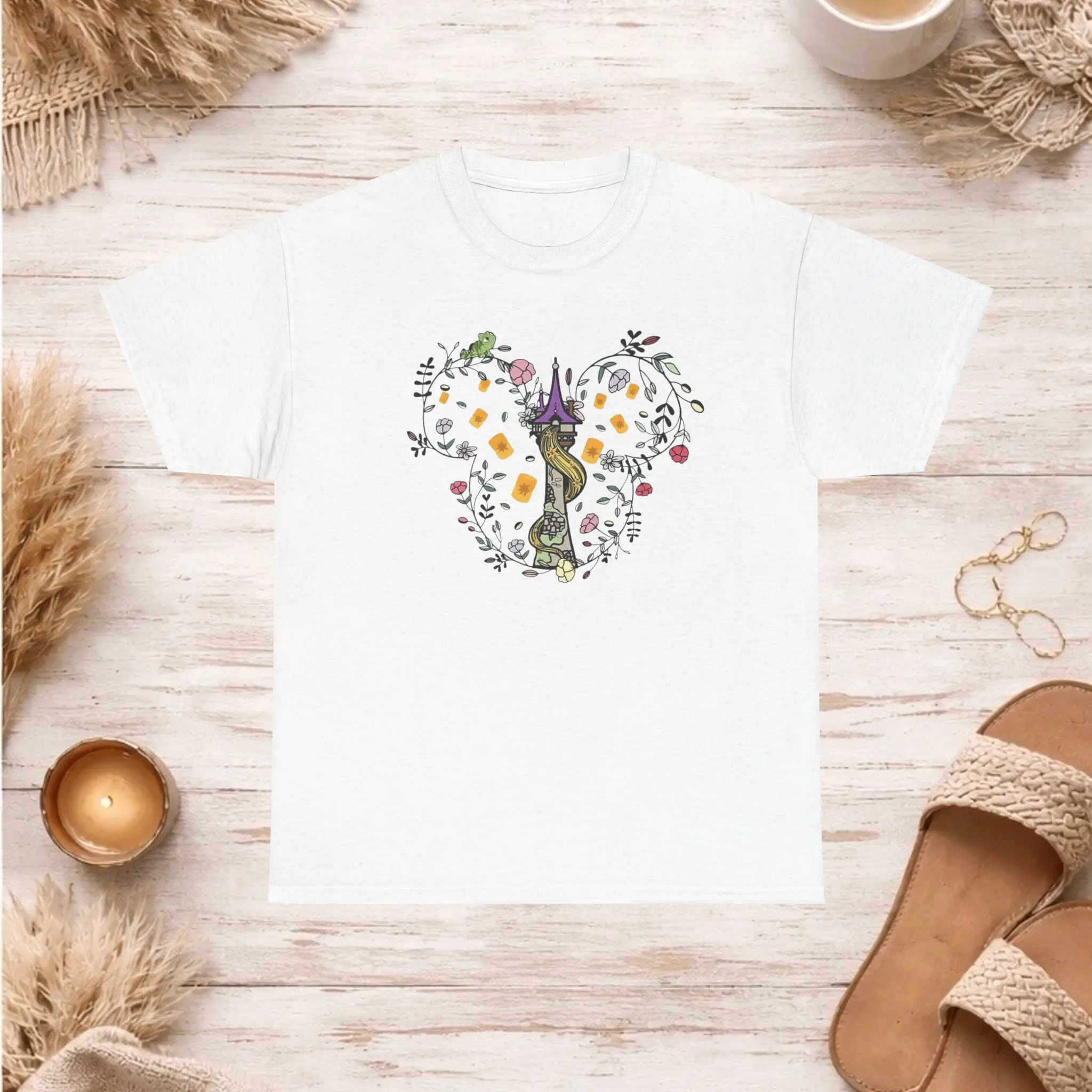 Rapunzel Tower Lost Princess Whimsical Floral Heart T-Shirt Small