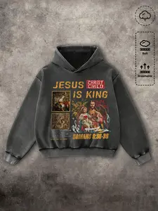 Men's Washed Cotton Hoodie with Jesus Print, Casual Fitted Long Sleeve Pullover, Comfortable Daily Wear for Men