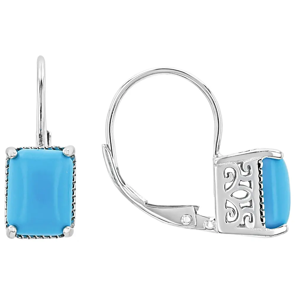 JTV Rectangular Blue Sleeping Beauty Turquoise Stone 925 Sterling Silver Earrings with Rhodium Overlay and Lever-Back Hooks