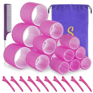 Self grip hair roller set,18 pcs,Hair rollers with hair roller clips and comb,Salon hairdressing curlers,DIY Hair Styles,  3 Sizes Rose red Hair Rollers in 1 set