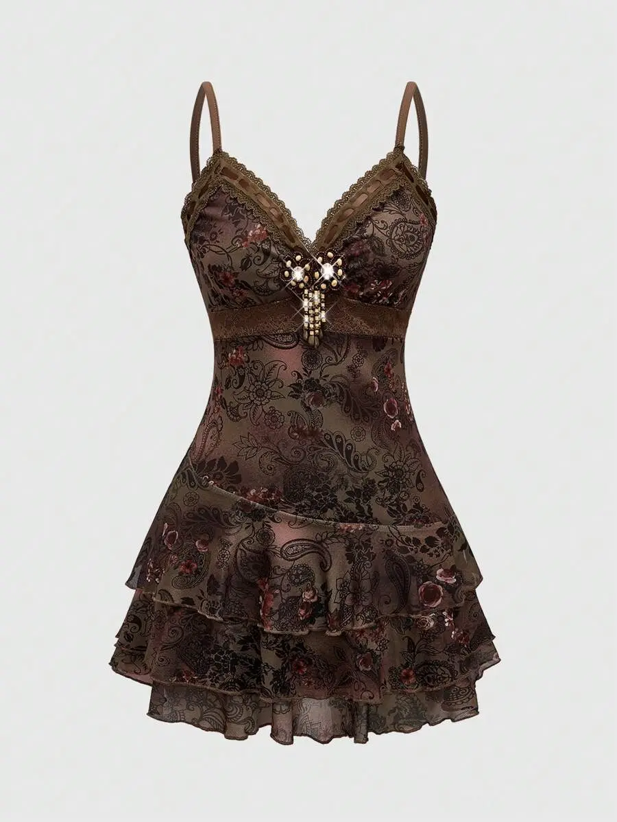 Spring/Summer  Women's Vintage Bohemian Ruffled Ribbon Lace Paisley Print Mini Dress