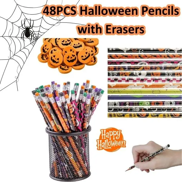 48PCS Halloween Pencils with Erasers – Colorful Assorted Pattern Pencil Sets for Kids, Trick or Treat Gifts, Party Favors, Goody Bag Fillers & Classroom Rewards