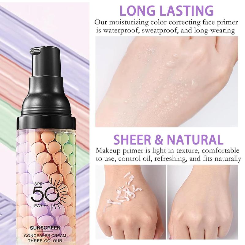 3-in-1 Color Correcting Primer SPF 50, Moisturizing Sunscreen Makeup Base Oil Control Pore Blur Brightening