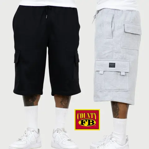 FB County Men's Heavyweight Fleece Cargo Shorts - Retro Vintage Unisex Baggy Loose-Fit Knee-Length Activewear, Plain Cozy Streetwear Bottoms with Pockets for Work, Party