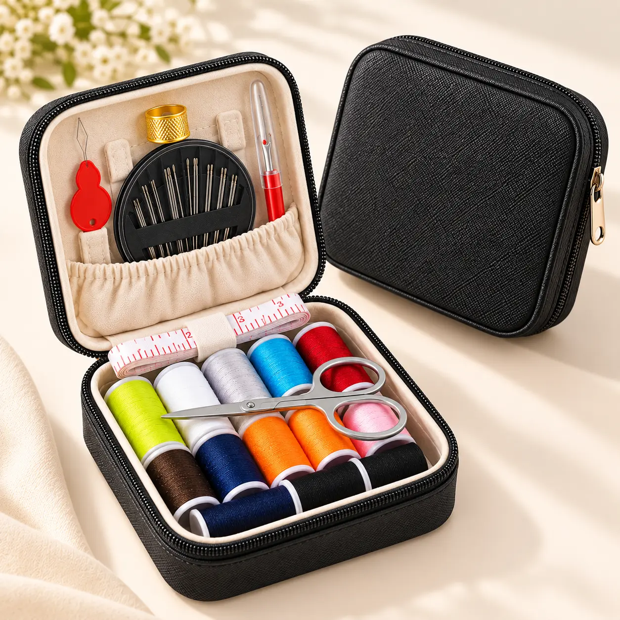 Compact Sewing Repair Kit with 11 Color Threads, Needles, Scissors, Measuring Tape, Thimble & Sewing Tools, Portable Zipper Sewing Set for Home, Travel, Clothing Repairs & Emergency Mending