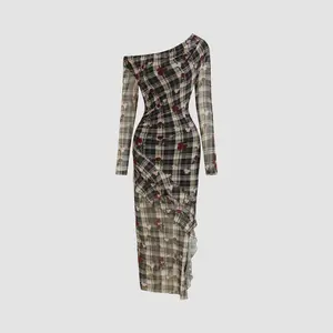 Cider  Mesh Asymmetrical Neck Floral Checks Ruffle Hem Maxi Dress