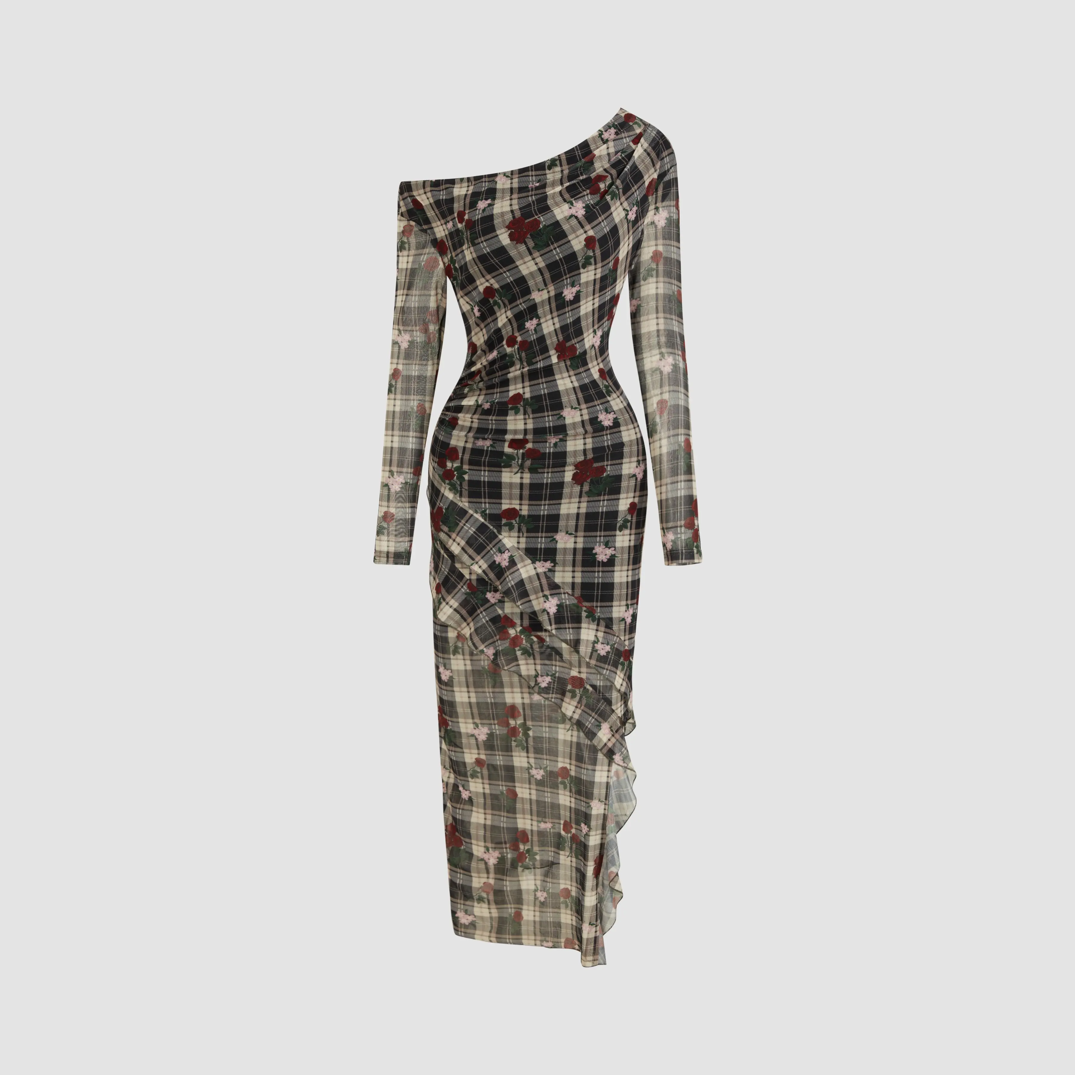 Cider Women's Sheer Mesh Maxi Dress with an Asymmetrical Neck, Floral Plaid Print, and Layered Ruffle Hem, Maxi Dress For Women, Casual, Elegant, Going Out, Elastane, Bodycon