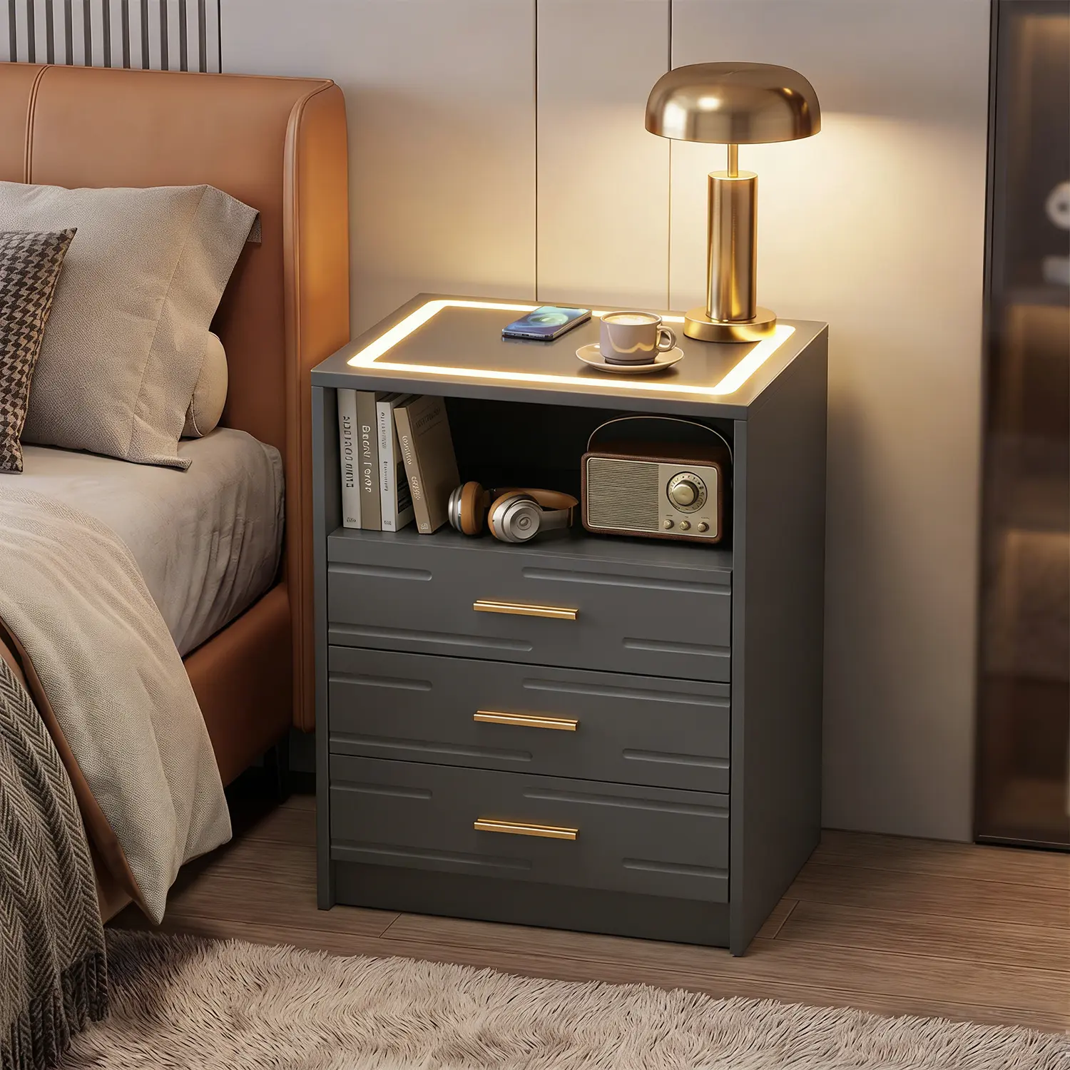 EROmmy Contemporary Golden Child-Safe Nightstand - Flat-Top Smart LED Bedroom Bedside Table with Adjustable LED Lights, Wireless Charging, USB & Type-C Ports, Drawer, Black & Gold Indoor Bedroom Furniture, Led Lights Bedroom