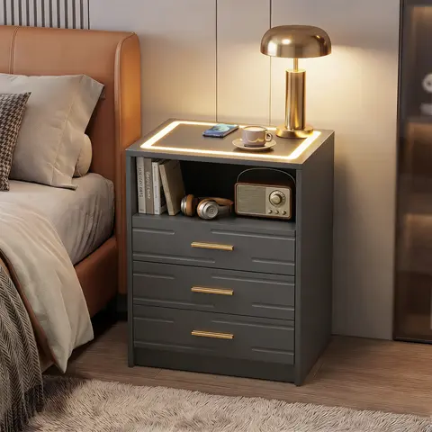 EROmmy Contemporary Black & Gold Child-Safe Modern Night Stand - Flat Top, Tempered Glass Top, Durable PU Coating Bedroom Bedside Table, Smart LED Lights, Wireless Charge, USB & Type-C Ports, Drawer, Indoor Furniture Charging Station