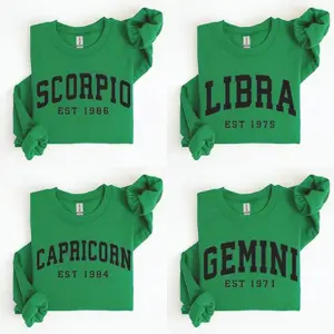 (LEAVE A NOTE OR DM SHOP) Custom Zodiac Sweatshirt - Irish Green, Personalized Year Astrology Pullover, Black Unisex Crewneck, Cute Horoscope Birthday Gift, Celestial Sign Outfit 2025