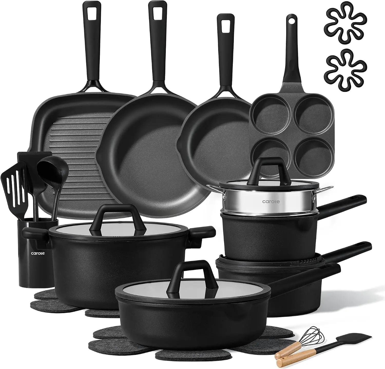 CAROTE 28-Piece Nonstick Cookware Set with Utensils, Dishwasher Safe, Easy to Clean, Even Heating for Healthy Kitchen Cooking Aluminium