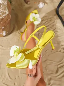 3D Flower Decor High Heel Sandals, Sexy Daily Style, Women Summer Casual Open Toe Shoes, Medium Width, Plain Pattern, Below Ankle Height