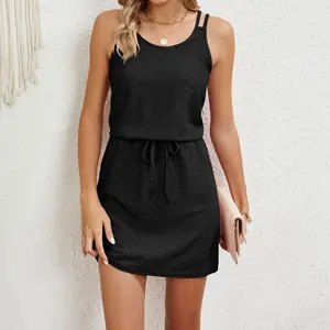 Women's Lightweight Sleeveless Eyelet Dress Casual Drawstring Waist Dress for Summer & Spring