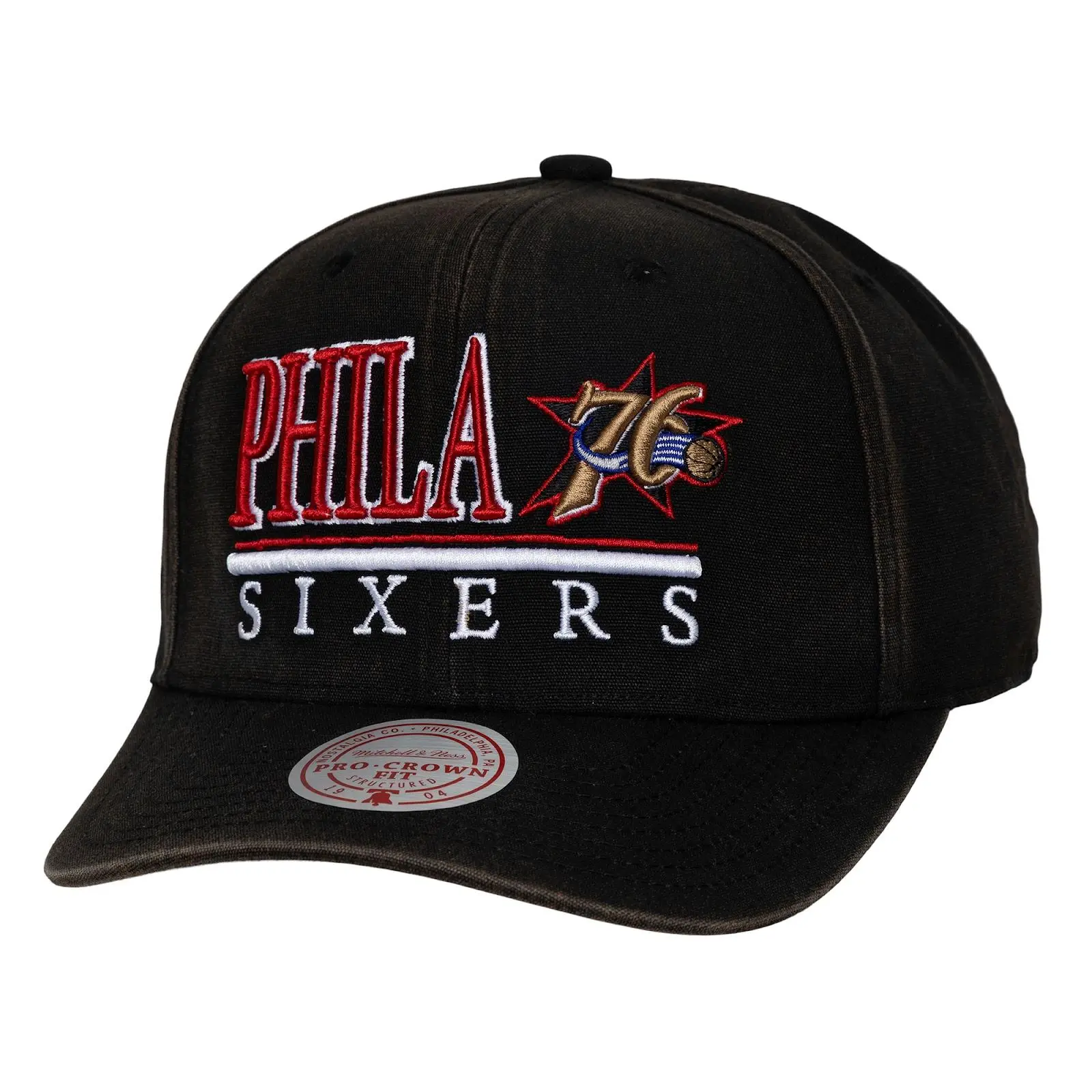 Philadelphia 76ers Black Hardwood Classics Trumble Pro Crown Adjustable Hat NBA Throwback Cap Fan Gear Mitchell & Ness