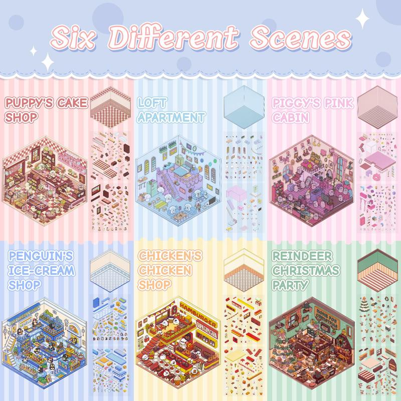 DIY 3D Sticker Scenes 6 Sets for Adults Kids, Make Your Own Mini Home/Store Scenes Stickers Animal Themes for Girls, Relieve Stress Pass The Time Craft Stickers for Journals Gifts Scrapbook Photo Album Scrapbooking